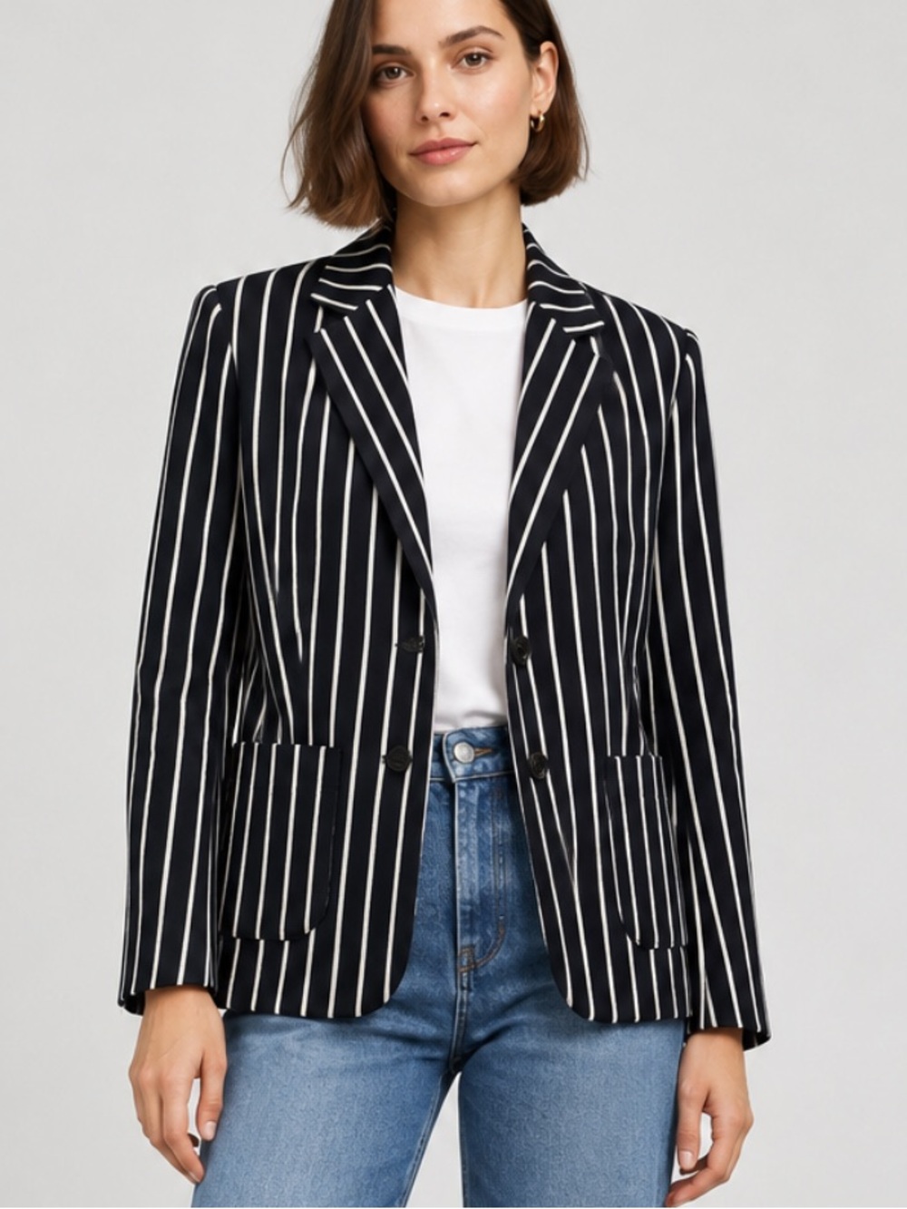Max Mara Black & Ivory Striped Cotton Blazer